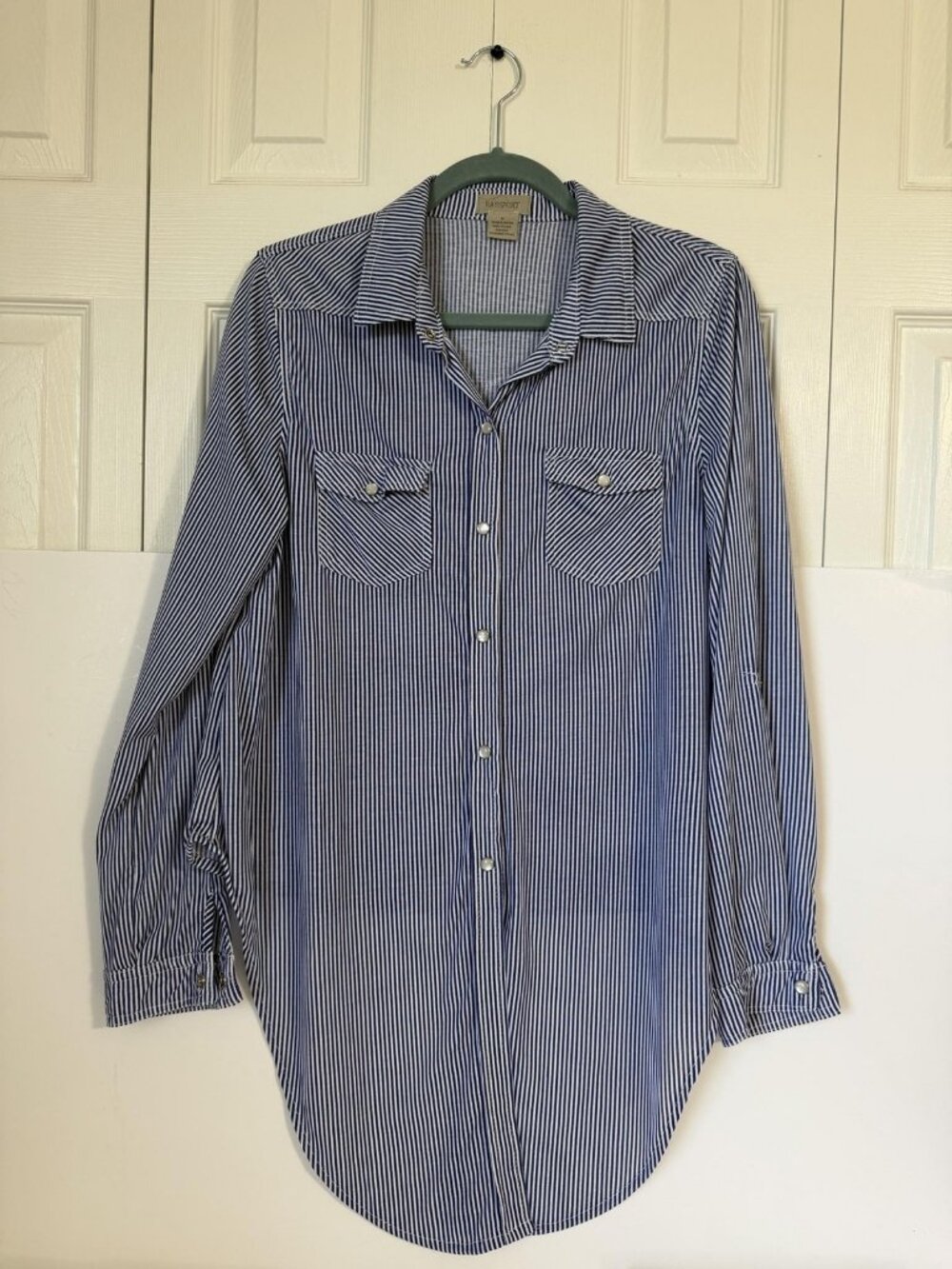 Passport Top Womens M Blue Stripe Long Sleeve Button Front Sheer Tunic Shirt